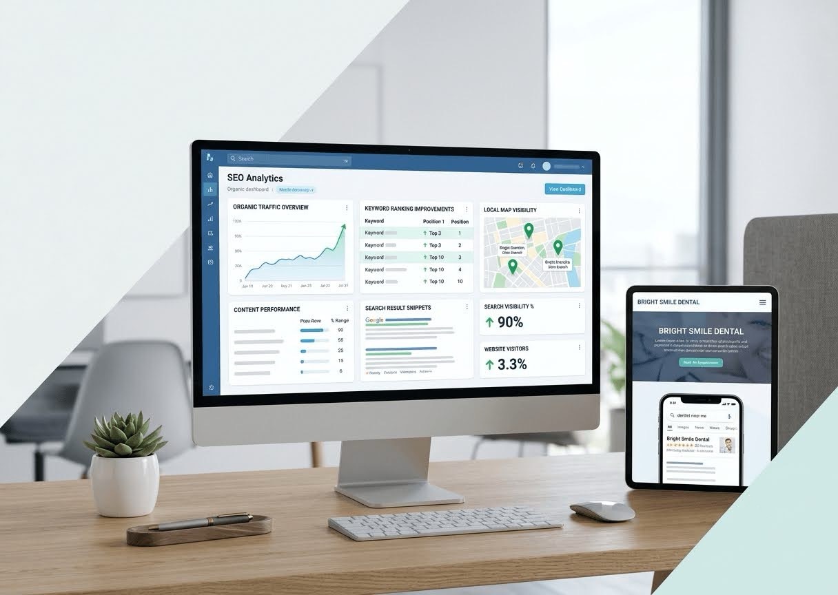 Bright Smile Dental SEO campaign analytics dashboard showing 3.4x traffic growth