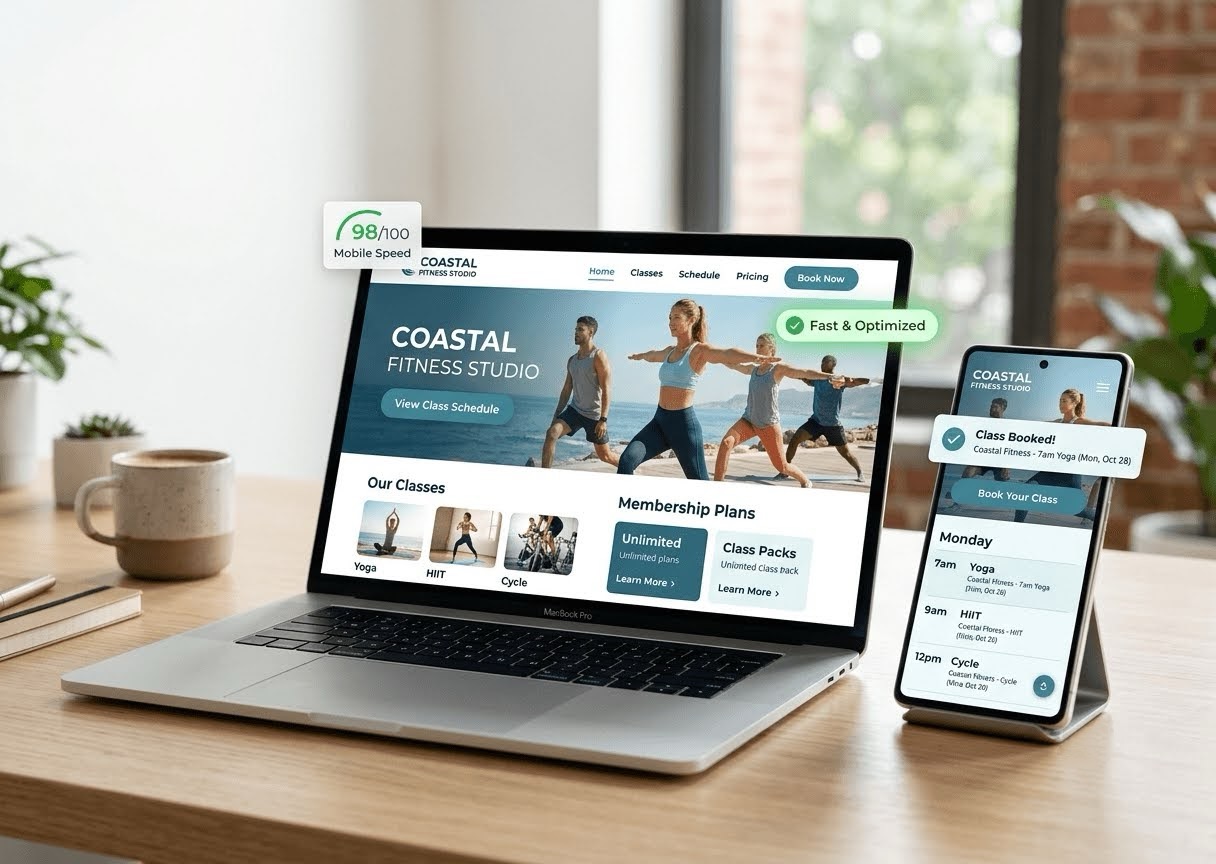Coastal Fitness Studio website redesign shown on a laptop with mobile-first booking experience
