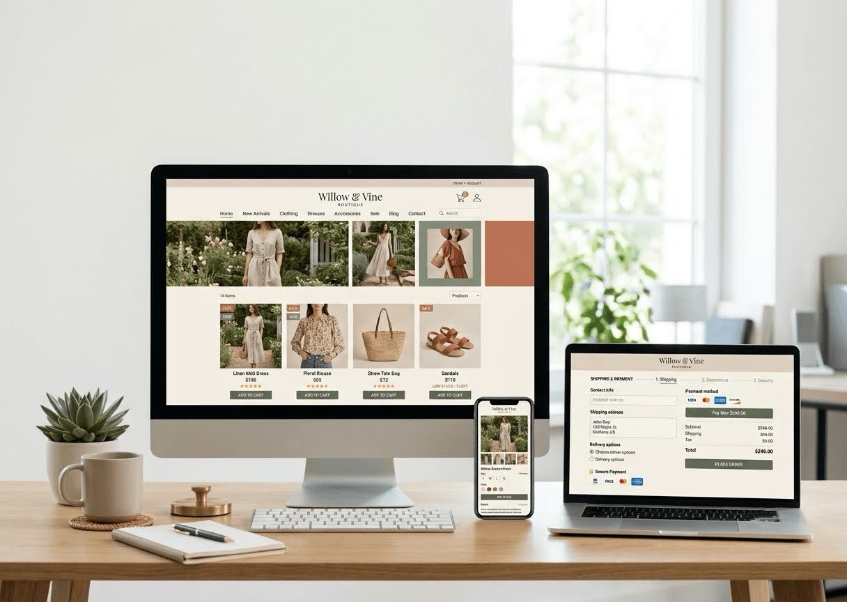 Willow and Vine Boutique e-commerce website on a tablet showing streamlined checkout