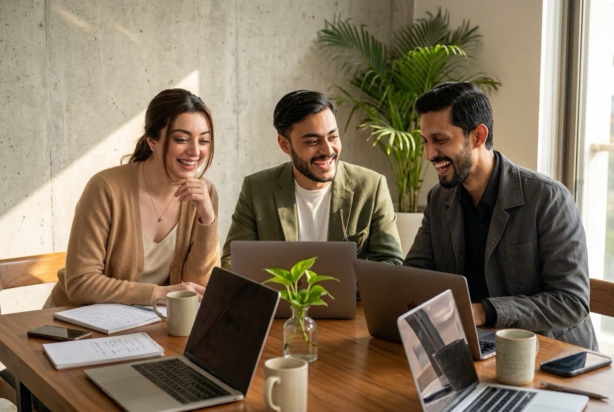 APTISOFT team reviewing a website redesign together in a modern office