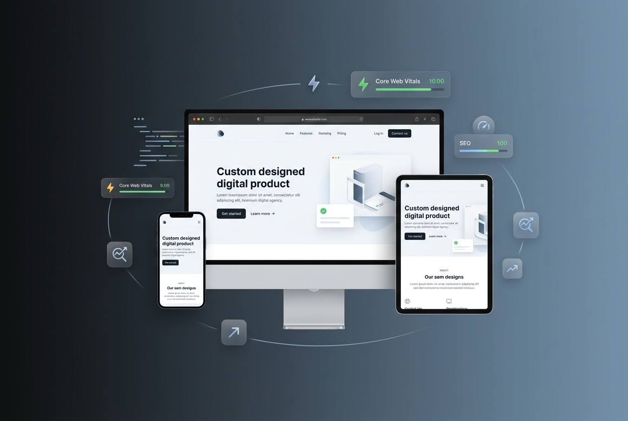 Designer reviewing a custom website layout on a laptop showing mobile-first responsive design
